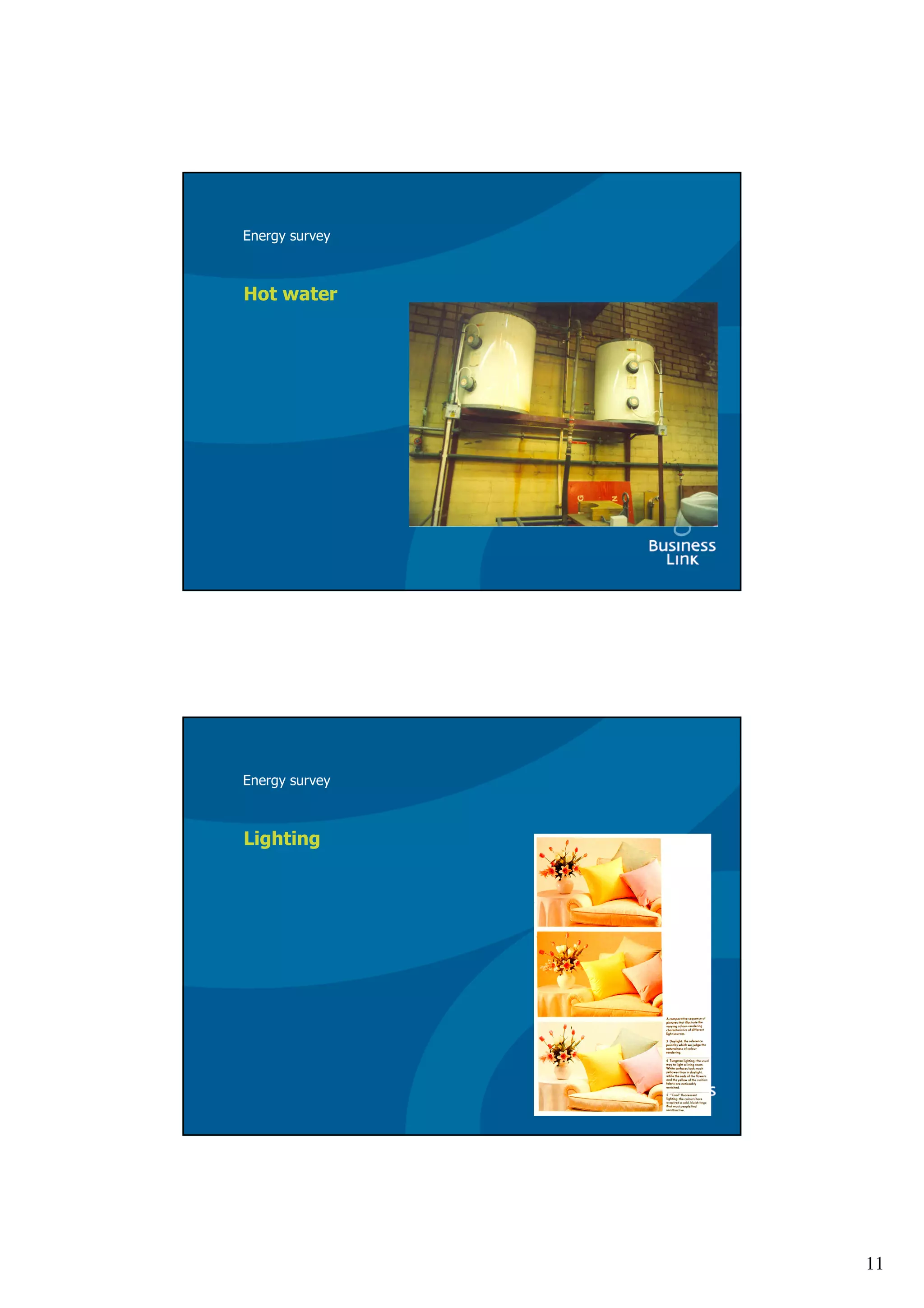 Energy survey



Hot water




Energy survey



Lighting




                11
 