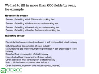 We had to fill in more than 600 fields by year,
for example :
Households sector
Percent of dwelling with LPG as main cooking fuel
Percent of dwelling with biomass as main cooking fuel
Percent of dwelling with electricity as main cooking fuel
Percent of dwelling with other fuels as main cooking fuel

Industry sector
Electricity final consumption (purchased + self produced) of steel industry
Natural gas final consumption of steel industry
Manufactured gas final consumption (purchased + self produced) of steel
industry
Diesel oil final consumption of steel industry
Heavy fuel oil final consumption of steel industry
Other petroleum final consumption of steel industry
Hard coal final consumption of steel industry
Other final consumption of steel industry (wood, wastes)

 