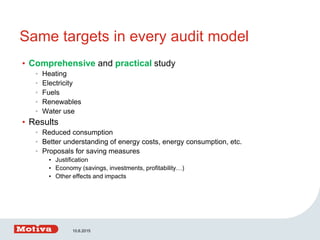 10.6.2015
Same targets in every audit model
• Comprehensive and practical study
• Heating
• Electricity
• Fuels
• Renewables
• Water use
• Results
• Reduced consumption
• Better understanding of energy costs, energy consumption, etc.
• Proposals for saving measures
• Justification
• Economy (savings, investments, profitability…)
• Other effects and impacts
 