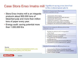 10.6.2015
Case Stora Enso Imatra mill
• Stora Enso Imatra mill is an integrate
producin about 900.000 tons of
bleached pulp and more than million
tons of paper every year.
• Energy audit: saving potential more
than 1.000.000 €/a
Source:
http://www.motiva.fi/julkaisut/energiakatselmukset/in_eng
lish/industrial_power_plants_2-04.1042.shtml
 