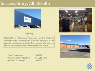 Success Story: Albahealth
Lighting
Albahealth in Rockwood, Tennessee used a Pathway
Lending Energy Efficiency loan to retrofit lighting in it 100
year old manufacturing facility. The company also plans to
replace its air compressor system in the near future.
• Total Project Cost: $66,000
• Annual Energy Reduction: 861,285 kWh
• Annual Cost Savings: $68,903
 