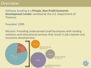 Overview:
Pathway Lending is a Private, Non-Profit Economic
Development Lender certified by the U.S. Department of
Treasury.
Founded: 1999
Mission: Providing underserved small businesses with lending
solutions and educational services that result in job creation and
economic development.
 
