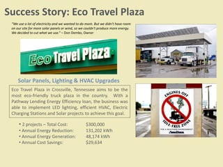 Success Story: Eco Travel Plaza
“We use a lot of electricity and we wanted to do more. But we didn't have room
on our site for more solar panels or wind, so we couldn't produce more energy.
We decided to cut what we use.” – Don Demko, Owner
Solar Panels, Lighting & HVAC Upgrades
Eco Travel Plaza in Crossville, Tennessee aims to be the
most eco-friendly truck plaza in the country. With a
Pathway Lending Energy Efficiency loan, the business was
able to implement LED lighting, efficient HVAC, Electric
Charging Stations and Solar projects to achieve this goal.
• 2 projects – Total Cost: $300,000
• Annual Energy Reduction: 131,202 kWh
• Annual Energy Generation: 48,174 kWh
• Annual Cost Savings: $29,634
 