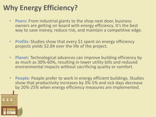 Why Energy Efficiency?
• Peers: From industrial giants to the shop next door, business
owners are getting on board with energy efficiency. It’s the best
way to save money, reduce risk, and maintain a competitive edge.
• Profits: Studies show that every $1 spent on energy efficiency
projects yields $2.84 over the life of the project.
• Planet: Technological advances can improve building efficiency by
as much as 30%-60%, resulting in lower utility bills and reduced
environmental impacts without sacrificing quality or comfort.
• People: People prefer to work in energy efficient buildings. Studies
show that productivity increases by 3%-5% and sick days decrease
by 20%-25% when energy efficiency measures are implemented.
 