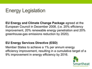 Energy Legislation

EU Energy and Climate Change Package agreed at the
European Council in December 2008, (i.e. 20% efficiency
improvement, 20% renewable energy penetration and 20%
greenhouse-gas emissions reduction by 2020).

EU Energy Services Directive (ESD)
Member States to achieve a 1% per annum energy
efficiency improvement, resulting in a cumulative target of a
9% improvement in energy efficiency by 2016.
 