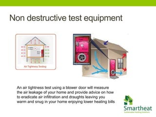 Non destructive test equipment




  An air tightness test using a blower door will measure
  the air leakage of your home and provide advice on how
  to eradicate air infiltration and draughts leaving you
  warm and snug in your home enjoying lower heating bills
 