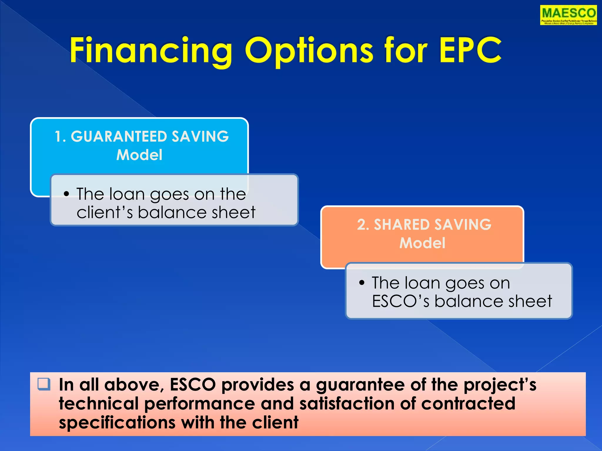 1. GUARANTEED SAVING 
Model 
• The loan goes on the 
client’s balance sheet 
2. SHARED SAVING 
Model 
• The loan goes on 
ESCO’s balance sheet 
 In all above, ESCO provides a guarantee of the project’s 
technical performance and satisfaction of contracted 
specifications with the client 
 
