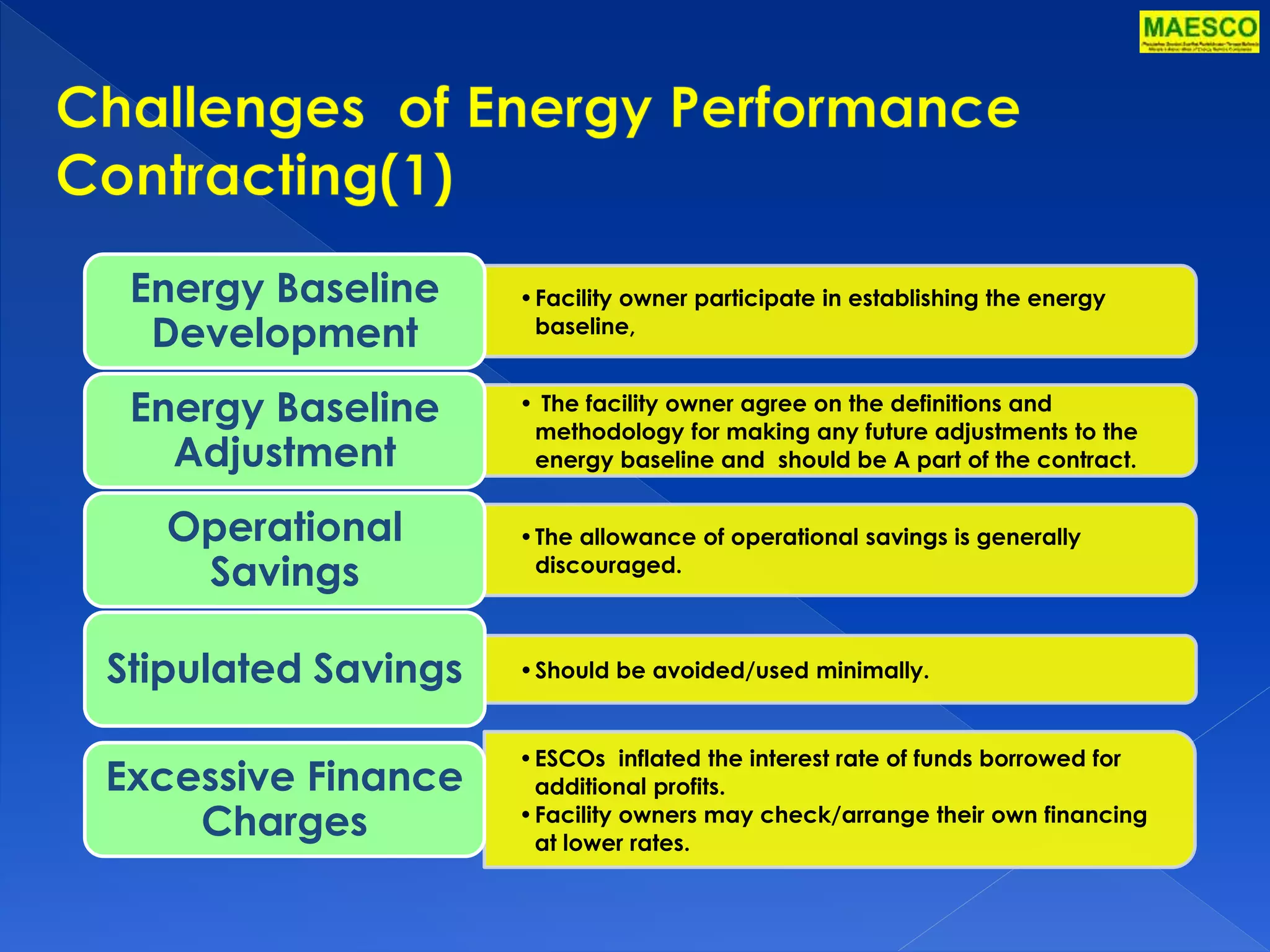 •Facility owner participate in establishing the energy 
baseline, 
Energy Baseline 
Development 
• The facility owner agree on the definitions and 
methodology for making any future adjustments to the 
energy baseline and should be A part of the contract. 
Energy Baseline 
Adjustment 
•The allowance of operational savings is generally 
discouraged. 
Operational 
Savings 
Stipulated Savings •Should be avoided/used minimally. 
•ESCOs inflated the interest rate of funds borrowed for 
additional profits. 
•Facility owners may check/arrange their own financing 
at lower rates. 
Excessive Finance 
Charges 
 