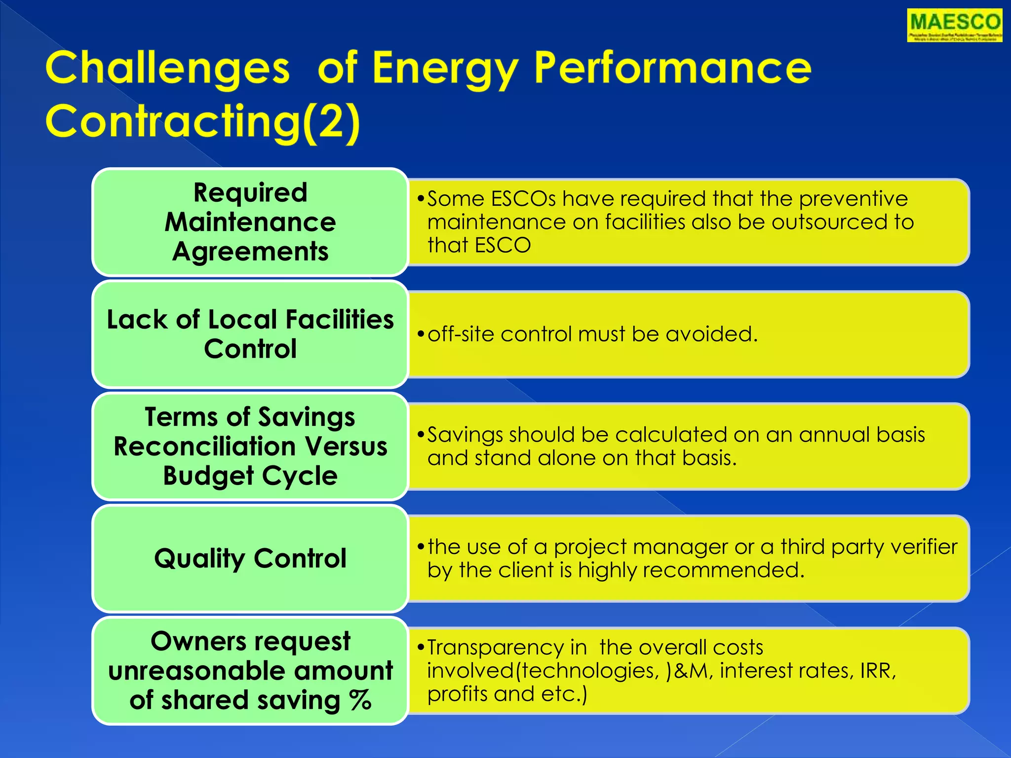 •Some ESCOs have required that the preventive 
maintenance on facilities also be outsourced to 
that ESCO 
Required 
Maintenance 
Agreements 
•off-site control must be avoided. 
Lack of Local Facilities 
Control 
•Savings should be calculated on an annual basis 
and stand alone on that basis. 
Terms of Savings 
Reconciliation Versus 
Budget Cycle 
•the use of a project manager or a third party verifier 
by the client is highly recommended. Quality Control 
•Transparency in the overall costs 
involved(technologies, )&M, interest rates, IRR, 
profits and etc.) 
Owners request 
unreasonable amount 
of shared saving % 
 