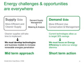 Energy challenges & opportunities
are everywhere

  Supply Side                                      Demand Supply        Demand Side
                                                    Management
  More Efficient and                                       +            More Efficient Use
  Cleaner Supply                                  Metering & Analysis   Conservation & Management

 Cleaner supplies will take                                             Current technologies allow us
 time to implement                                                      to target 30% savings

 We must develop technologies                                           We must focus on Energy
 and business models to increase                                        Efficiency to solve our energy
 renewable energies penetration                                         dilemma

 Mid term approach                                                      Short term action

Schneider Electric- Energy Efficiency - 07/2008                                                          13
 
