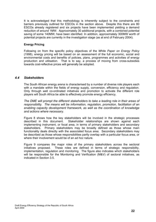 It is acknowledged that this methodology is inherently subject to the constraints and
         barriers previously outlined for ESCOs in the section above. Despite this there are 80
         ESCOs already registered and six projects have been implemented yielding a demand
         reduction of around 1MW. Approximately 30 additional projects, with a combined potential
         saving of some 140MW, have been identified. In addition, approximately 300MW worth of
         potential projects are currently in the investigation stage (as at end of February 2004).

         Energy Pricing

         Following on from the specific policy objectives of the White Paper on Energy Policy
         (1998), energy pricing will be based on an assessment of the full economic, social and
         environmental costs and benefits of policies, plans, programmes and activities of energy
         production and utilisation. That is to say, a process of moving from cross-subsidies
         towards cost-reflective prices will generally be adopted.



4.4      Stakeholders

         The South African energy arena is characterised by a number of diverse role players each
         with a mandate within the fields of energy supply, conversion, efficiency and regulation.
         Only through well co-ordinated initiatives and promotion to activate the different role
         players will South Africa be able to effectively promote energy efficiency.

         The DME will prompt the different stakeholders to take a leading role in their areas of
         responsibility. The means will be information, regulation, promotion, facilitation of an
         enabling capacity development framework, as well as the coordination of knowledge
         and actions where necessary.

         Figure 8 shows how the key stakeholders will be involved in the strategic processes
         described in this document.          Stakeholder relationships are shown against each
         implementing instrument, or focal area, in terms of primary stakeholders and secondary
         stakeholders. Primary stakeholders may be broadly defined as those whose main
         functionality deals directly with the associated focus area. Secondary stakeholders may
         be described as those whose responsibilities partly overlap with a particular focus area, or
         where their involvement would be of an ad hoc nature.

         Figure 9 compares the major roles of the primary stakeholders across the sectoral
         initiatives proposed. These roles are defined in terms of strategic responsibility,
         implementation, regulation and monitoring. The figure also indicates which stakeholders
         will be responsible for the Monitoring and Verification (M&V) of sectoral initiatives, as
         indicated in Section 3.5.




Draft Energy Efficiency Strategy of the Republic of South Africa
April 2004
                                                                                              22
 