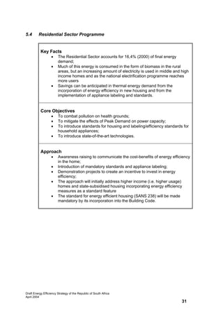 5.4      Residential Sector Programme


           Key Facts
                   •    The Residential Sector accounts for 16,4% (2000) of final energy
                        demand;
                   •    Much of this energy is consumed in the form of biomass in the rural
                        areas, but an increasing amount of electricity is used in middle and high
                        income homes and as the national electrification programme reaches
                        more users
                   •    Savings can be anticipated in thermal energy demand from the
                        incorporation of energy efficiency in new housing and from the
                        implementation of appliance labeling and standards.


           Core Objectives
                   •    To combat pollution on health grounds;
                   •    To mitigate the effects of Peak Demand on power capacity;
                   •    To introduce standards for housing and labeling/efficiency standards for
                        household appliances;
                   •    To introduce state-of-the-art technologies.


           Approach
                   •    Awareness raising to communicate the cost-benefits of energy efficiency
                        in the home;
                   •    Introduction of mandatory standards and appliance labeling;
                   •    Demonstration projects to create an incentive to invest in energy
                        efficiency;
                   •    The approach will initially address higher income (i.e. higher usage)
                        homes and state-subsidised housing incorporating energy efficiency
                        measures as a standard feature
                   •    The standard for energy efficient housing (SANS 238) will be made
                        mandatory by its incorporation into the Building Code.




Draft Energy Efficiency Strategy of the Republic of South Africa
April 2004
                                                                                             31
 