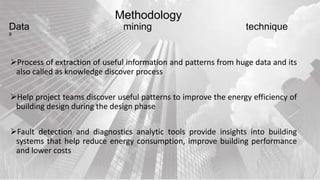 Methodology
Data mining technique
8
Process of extraction of useful information and patterns from huge data and its
also called as knowledge discover process
Help project teams discover useful patterns to improve the energy efficiency of
building design during the design phase
Fault detection and diagnostics analytic tools provide insights into building
systems that help reduce energy consumption, improve building performance
and lower costs
 