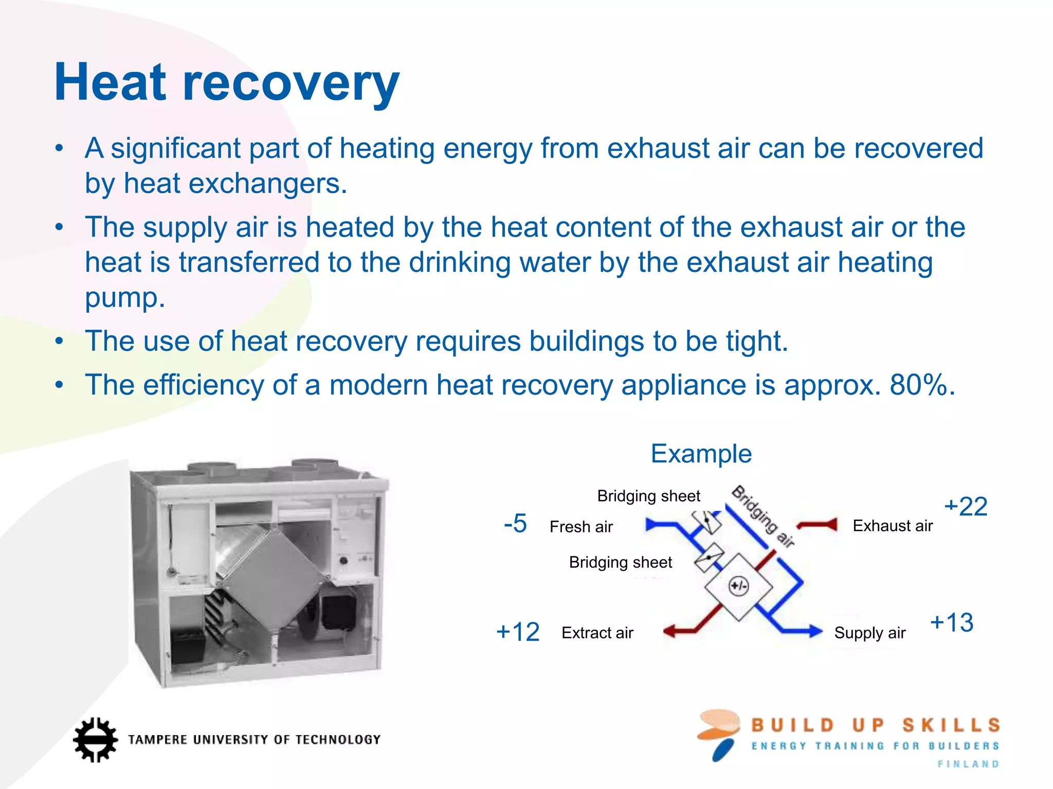 Heat recovery
• A significant part of heating energy from exhaust air can be recovered
by heat exchangers.
• The supply air is heated by the heat content of the exhaust air or the
heat is transferred to the drinking water by the exhaust air heating
pump.
• The use of heat recovery requires buildings to be tight.
• The efficiency of a modern heat recovery appliance is approx. 80%.
Example
+22
+12
-5
+13
Fresh air Exhaust air
Supply airExtract air
Bridging sheet
Bridging sheet
 