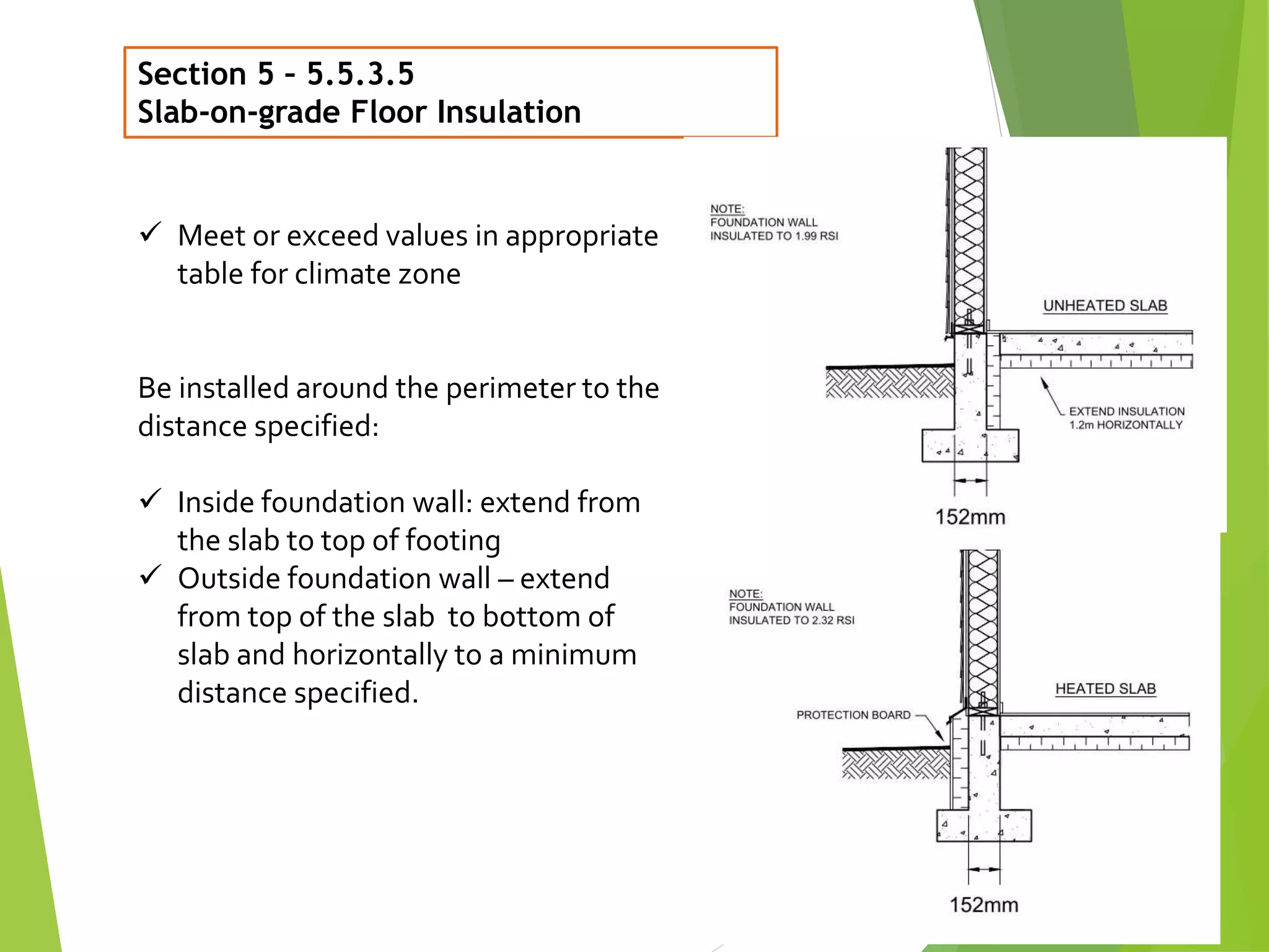 29
Section 5 – 5.5.3.5
Slab-on-grade Floor Insulation
 Meet or exceed values in appropriate
table for climate zone
Be installed around the perimeter to the
distance specified:
 Inside foundation wall: extend from
the slab to top of footing
 Outside foundation wall – extend
from top of the slab to bottom of
slab and horizontally to a minimum
distance specified.
 