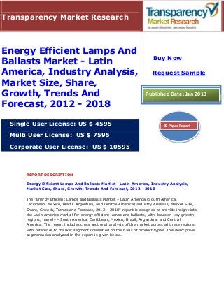 Transparency Market Research



Energy Efficient Lamps And
                                                                          Buy Now
Ballasts Market - Latin
America, Industry Analysis,                                              Request Sample
Market Size, Share,
Growth, Trends And                                                   Published Date: Jan 2013
Forecast, 2012 - 2018

 Single User License: US $ 4595                                                80 Pages Report

 Multi User License: US $ 7595

 Corporate User License: US $ 10595



     REPORT DESCRIPTION

     Energy Efficient Lamps And Ballasts Market - Latin America, Industry Analysis,
     Market Size, Share, Growth, Trends And Forecast, 2012 - 2018

     The “Energy Efficient Lamps and Ballasts Market – Latin America (South America,
     Caribbean, Mexico, Brazil, Argentina, and Central America) Industry Analysis, Market Size,
     Share, Growth, Trends and Forecast, 2012 – 2018” report is designed to provide insight into
     the Latin America market for energy efficient lamps and ballasts, with focus on key growth
     regions, namely - South America, Caribbean, Mexico, Brazil, Argentina, and Central
     America. The report includes cross sectional analysis of the market across all these regions,
     with reference to market segments classified on the basis of product types. The descriptive
     segmentation analyzed in the report is given below.
 