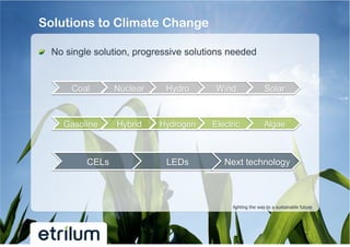 Solutions to Climate Change

!   No single solution, progressive solutions needed


       Coal       Nuclear     Hydro       Wind                Solar



     Gasoline     Hybrid    Hydrogen     Electric             Algae



           CELs               LEDs          Next technology



                                               lighting the way to a sustainable future
 