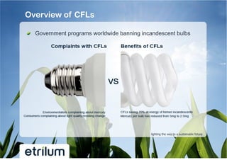 Overview of CFLs

!   Government programs worldwide banning incandescent bulbs




                                             lighting the way to a sustainable future
 