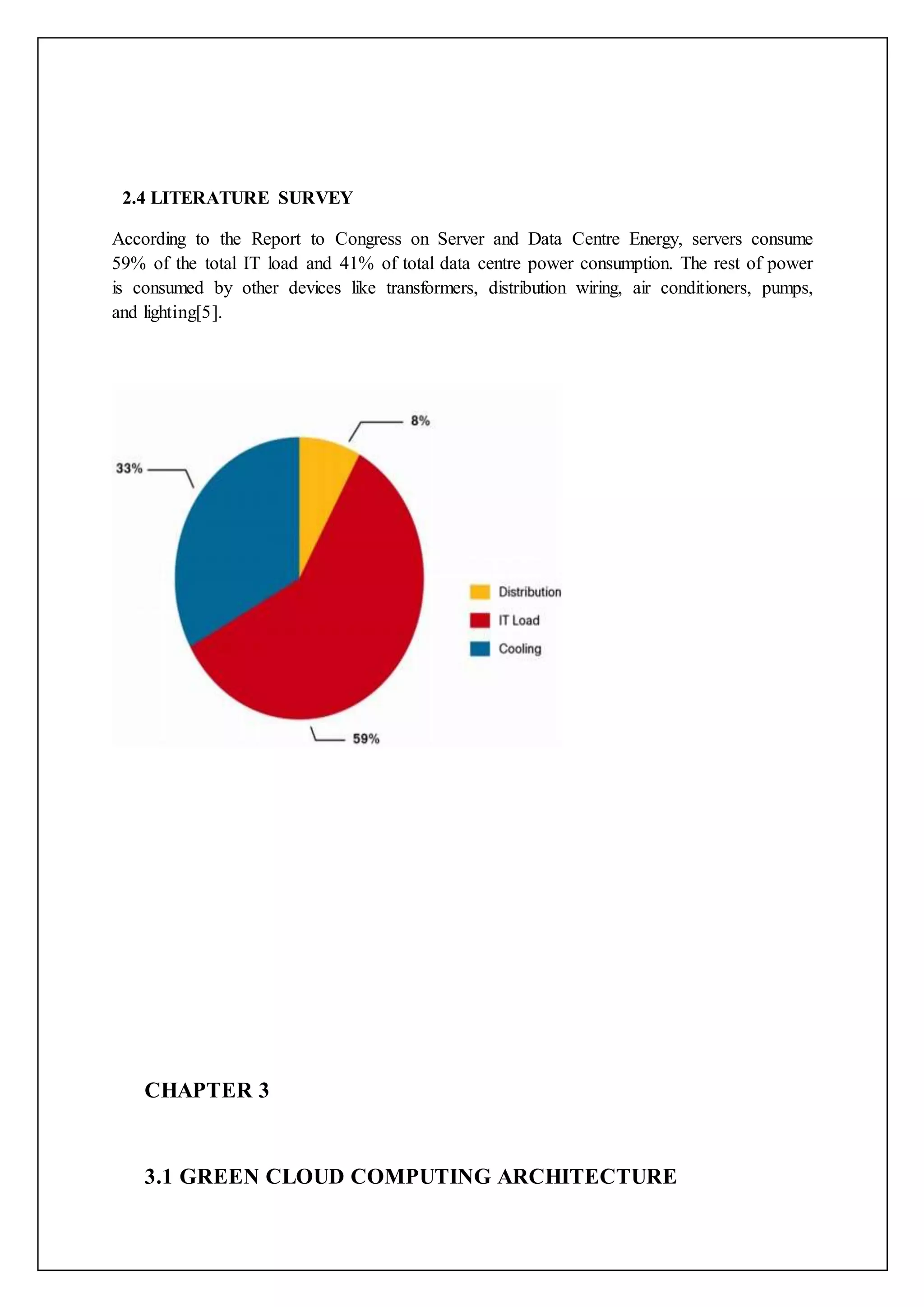 2.4 LITERATURE SURVEY
According to the Report to Congress on Server and Data Centre Energy, servers consume
59% of the total IT load and 41% of total data centre power consumption. The rest of power
is consumed by other devices like transformers, distribution wiring, air conditioners, pumps,
and lighting[5].
CHAPTER 3
3.1 GREEN CLOUD COMPUTING ARCHITECTURE
 