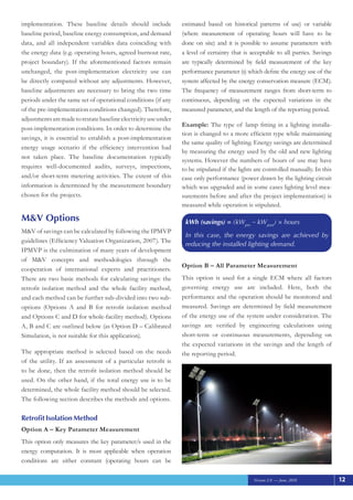 Version 2.0 — June, 2010 12
implementation. These baseline details should include
baseline period, baseline energy consumption, and demand
data, and all independent variables data coinciding with
the energy data (e.g. operating hours, agreed burnout rate,
project boundary). If the aforementioned factors remain
unchanged, the post-implementation electricity use can
be directly compared without any adjustments. However,
baseline adjustments are necessary to bring the two time
periods under the same set of operational conditions (if any
of the pre-implementation conditions changed). Therefore,
adjustmentsaremadetorestatebaselineelectricityuseunder
post-implementation conditions. In order to determine the
savings, it is essential to establish a post-implementation
energy usage scenario if the efficiency intervention had
not taken place. The baseline documentation typically
requires well-documented audits, surveys, inspections,
and/or short-term metering activities. The extent of this
information is determined by the measurement boundary
chosen for the projects.
M&V Options
M&V of savings can be calculated by following the IPMVP
guidelines (Efficiency Valuation Organization, 2007). The
IPMVP is the culmination of many years of development
of M&V concepts and methodologies through the
cooperation of international experts and practitioners.
There are two basic methods for calculating savings: the
retrofit isolation method and the whole facility method,
and each method can be further sub-divided into two sub-
options (Options A and B for retrofit isolation method
and Options C and D for whole-facility method). Options
A, B and C are outlined below (as Option D – Calibrated
Simulation, is not suitable for this application).
The appropriate method is selected based on the needs
of the utility. If an assessment of a particular retrofit is
to be done, then the retrofit isolation method should be
used. On the other hand, if the total energy use is to be
determined, the whole facility method should be selected.
The following section describes the methods and options.
Retrofit Isolation Method
Option A – Key Parameter Measurement
This option only measures the key parameter/s used in the
energy computation. It is most applicable when operation
conditions are either constant (operating hours can be
estimated based on historical patterns of use) or variable
(where measurement of operating hours will have to be
done on site) and it is possible to assume parameters with
a level of certainty that is acceptable to all parties. Savings
are typically determined by field measurement of the key
performance parameter (s) which define the energy use of the
system affected by the energy conservation measure (ECM).
The frequency of measurement ranges from short-term to
continuous, depending on the expected variations in the
measured parameter, and the length of the reporting period.
Example: The type of lamp fitting in a lighting installa-
tion is changed to a more efficient type while maintaining
the same quality of lighting. Energy savings are determined
by measuring the energy used by the old and new lighting
systems. However the numbers of hours of use may have
to be stipulated if the lights are controlled manually. In this
case only performance (power drawn by the lighting circuit
which was upgraded and in some cases lighting level mea-
surements before and after the project implementation) is
measured while operation is stipulated.
kWh (savings) = (kWpre
– kWpost
) × hours
In this case, the energy savings are achieved by
reducing the installed lighting demand.
Option B – All Parameter Measurement
This option is used for a single ECM where all factors
governing energy use are included. Here, both the
performance and the operation should be monitored and
measured. Savings are determined by field measurement
of the energy use of the system under consideration. The
savings are verified by engineering calculations using
short-term or continuous measurements, depending on
the expected variations in the savings and the length of
the reporting period.
 
