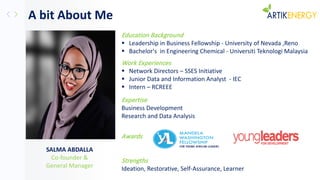 A bit About Me
SALMA ABDALLA
Co-founder &
General Manager
Education Background
 Leadership in Business Fellowship - University of Nevada ,Reno
 Bachelor's in Engineering Chemical - Universiti Teknologi Malaysia
Work Experiences
 Network Directors – SSES Initiative
 Junior Data and Information Analyst - IEC
 Intern – RCREEE
Expertise
Business Development
Research and Data Analysis
Awards
Strengths
Ideation, Restorative, Self-Assurance, Learner
 