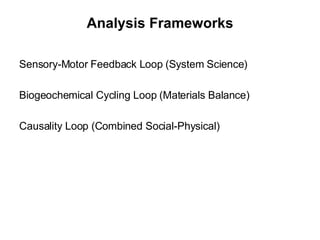 Analysis Frameworks Sensory-Motor Feedback Loop (System Science) Biogeochemical Cycling Loop (Materials Balance) Causality Loop (Combined Social-Physical) 
