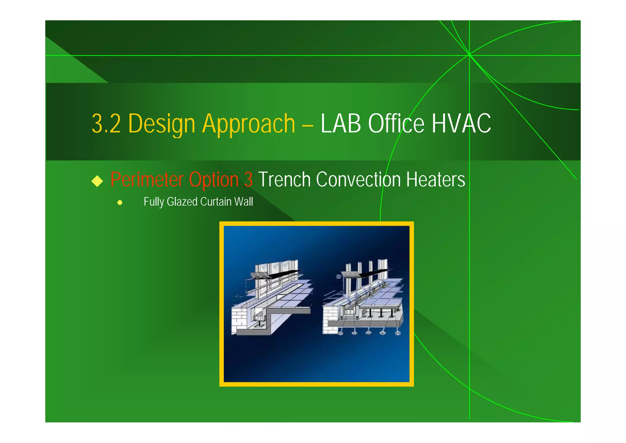 3.2
3 2 Design Approach – LAB Office HVAC

 Perimeter Option 3 Trench Convection Heaters
     Fully Glazed Curtain Wall
 