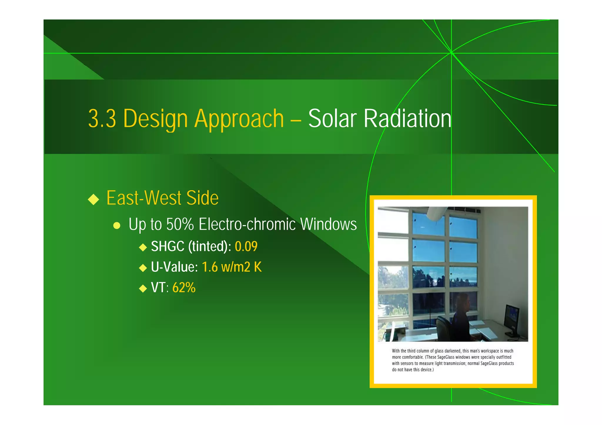 3.3
3 3 Design Approach – Solar Radiation


 East-West Side
    Up to 50% Electro-chromic Windows
       SHGC (tinted): 0.09
       U-Value: 1.6 w/m2 K
       VT: 62%
 