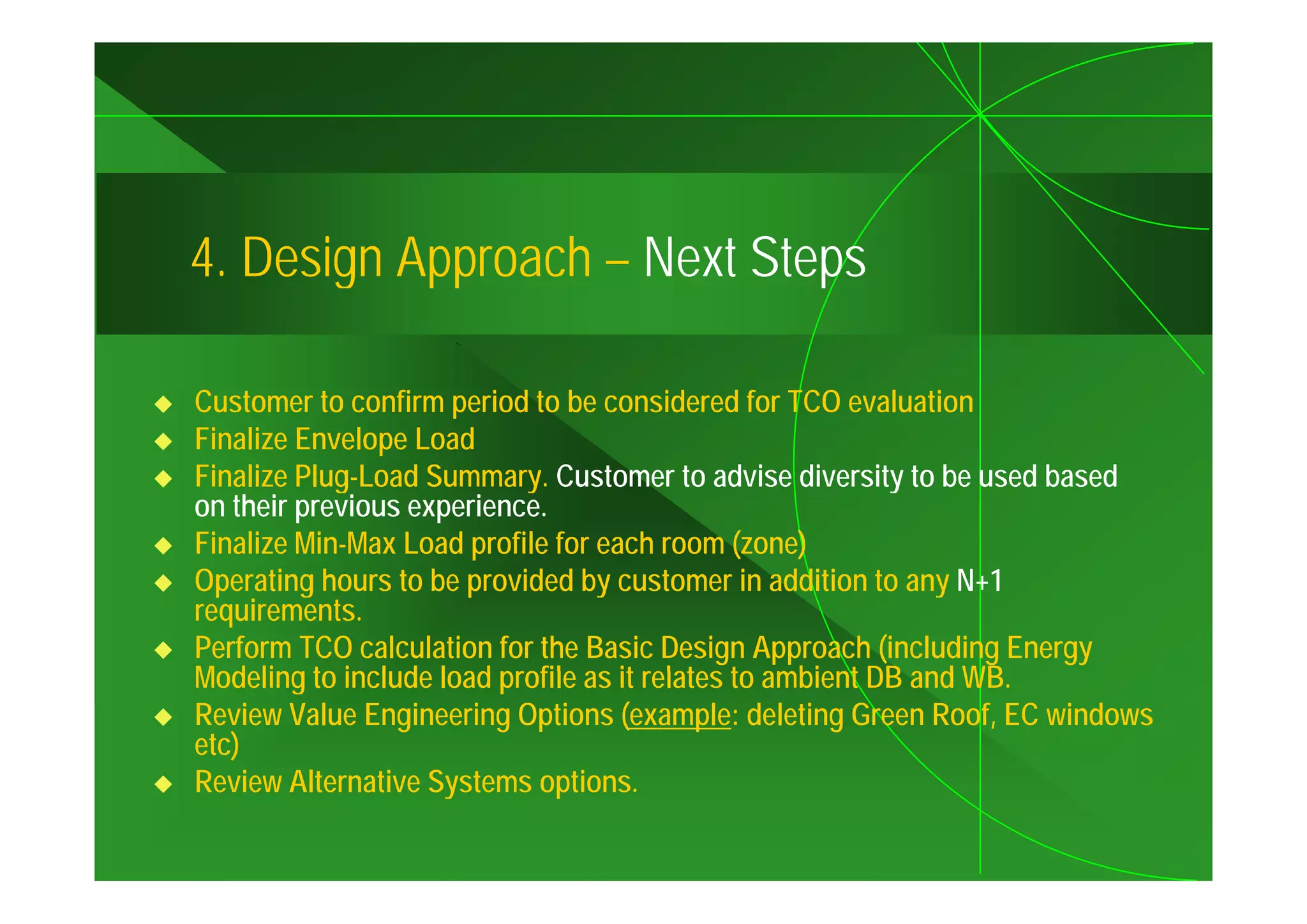 4.
4 Design Approach – Next Steps

Customer to confirm period to be considered for TCO evaluation
Finalize Envelope Load
Finalize Plug-Load Summary. Customer to advise diversity to be used based
on their previous experience.
Finalize Min-Max Load profile for each room (zone)
Operating hours to be provided by customer in addition to any N+1
requirements.
Perform TCO calculation for the Basic Design Approach (including Energy
Modeling to include load profile as it relates to ambient DB and WB
             incl de                                             WB.
Review Value Engineering Options (example: deleting Green Roof, EC windows
etc)
Review Alternative Systems options
                            options.
 