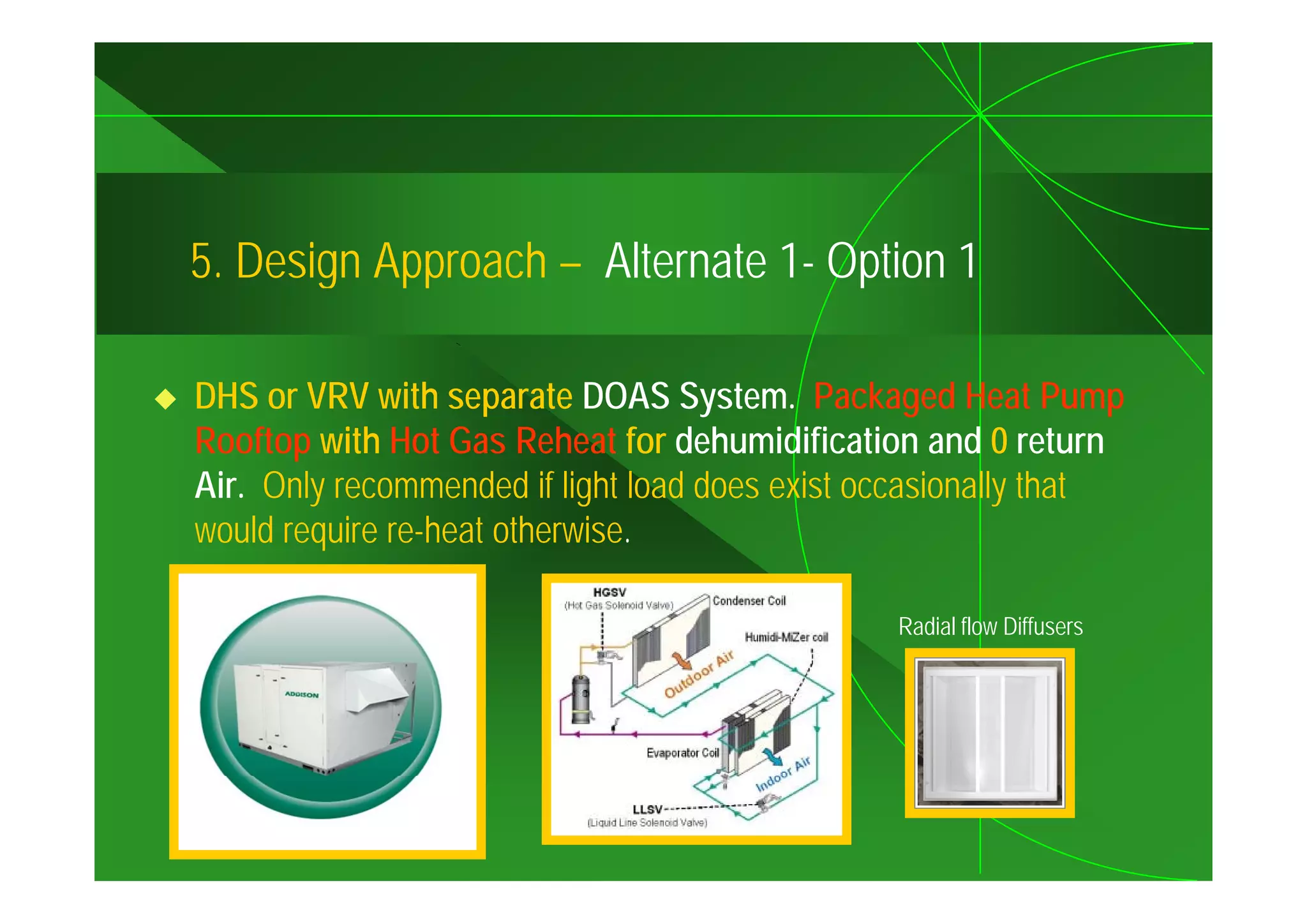5.
5 Design Approach – Alternate 1 Option 1
                              1-

DHS or VRV with separate DOAS System. Packaged Heat Pump
Rooftop with Hot Gas Reheat for dehumidification and 0 return
Air. Only recommended if light load does exist occasionally that
would require re-heat otherwise.

                                                Radial flow Diffusers
 