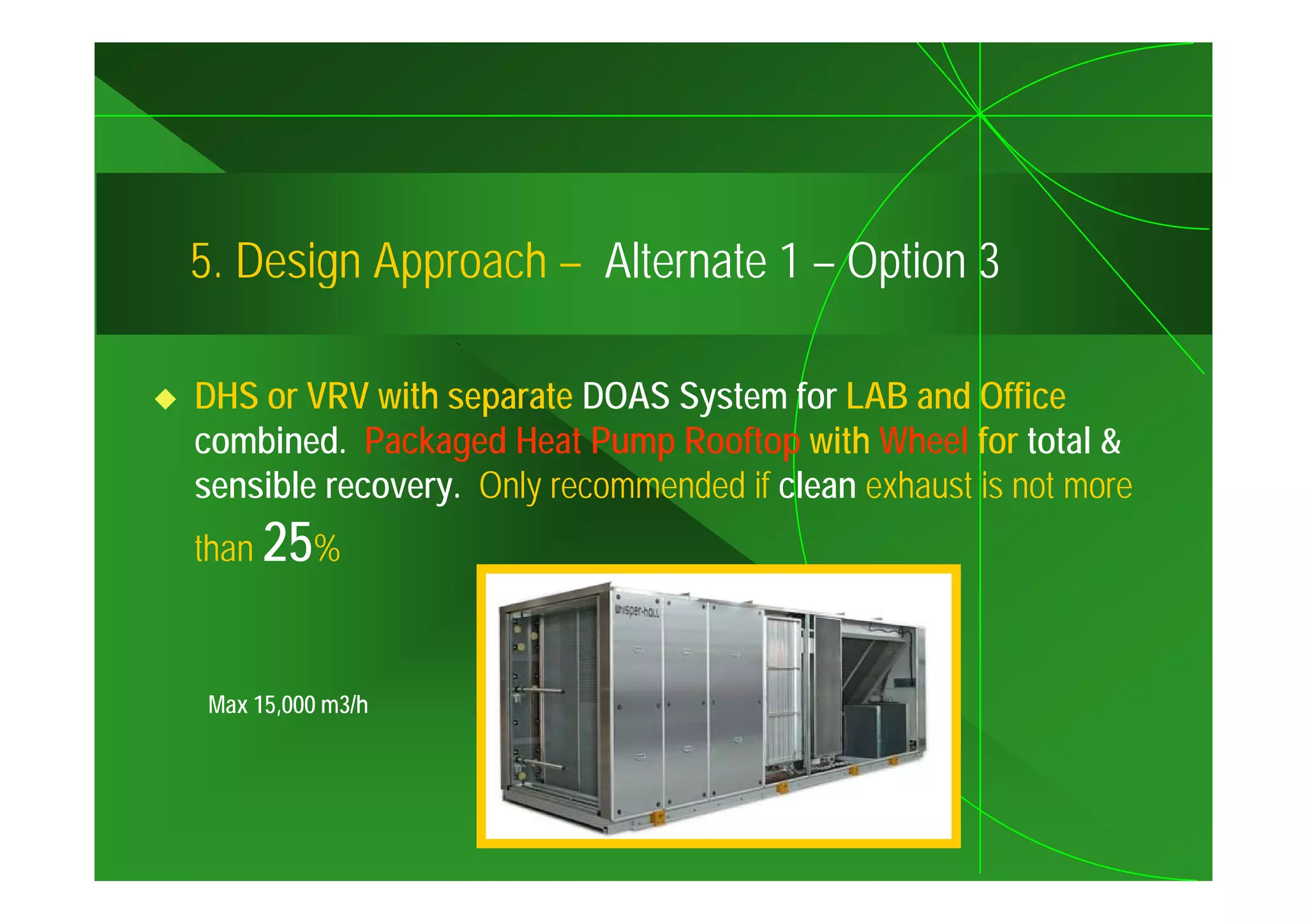 5.
5 Design Approach – Alternate 1 – Option 3

DHS or VRV with separate DOAS System for LAB and Office
combined. Packaged Heat Pump Rooftop with Wheel for total &
sensible recovery. Only recommended if clean exhaust is not more
than 25%



Max 15,000 m3/h
 