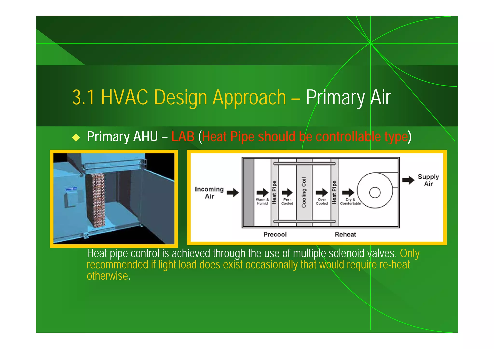 3.1
3 1 HVAC Design Approach – Primary Air
 Primary AHU – LAB (Heat Pipe should be controllable type)




 Heat pipe control is achieved through the use of multiple solenoid valves Only
                                                                    valves.
 recommended if light load does exist occasionally that would require re-heat
 otherwise.
 