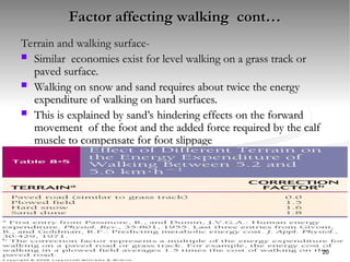 Factor affecting walking cont…
Factor affecting walking cont…
Terrain and walking surface-
Terrain and walking surface-
 Similar economies exist for level walking on a grass track or
Similar economies exist for level walking on a grass track or
paved surface.
paved surface.
 Walking on snow and sand requires about twice the energy
Walking on snow and sand requires about twice the energy
expenditure of walking on hard surfaces.
expenditure of walking on hard surfaces.
 This is explained by sand’s hindering effects on the forward
This is explained by sand’s hindering effects on the forward
movement of the foot and the added force required by the calf
movement of the foot and the added force required by the calf
muscle to compensate for foot slippage
muscle to compensate for foot slippage
20
 