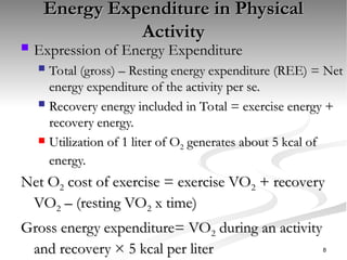 Energy Expenditure in Physical
Energy Expenditure in Physical
Activity
Activity
 Expression of Energy Expenditure
Expression of Energy Expenditure
 Total (gross) – Resting energy expenditure (REE) = Net
Total (gross) – Resting energy expenditure (REE) = Net
energy expenditure of the activity per se.
energy expenditure of the activity per se.
 Recovery energy included in Total = exercise energy +
Recovery energy included in Total = exercise energy +
recovery energy.
recovery energy.
 Utilization of 1 liter of O
Utilization of 1 liter of O2
2 generates about 5 kcal of
generates about 5 kcal of
energy.
energy.
Net O
Net O2
2 cost of exercise = exercise VO
cost of exercise = exercise VO2
2 + recovery
+ recovery
VO
VO2
2 – (resting VO
– (resting VO2
2 x time)
x time)
Gross energy expenditure= VO
Gross energy expenditure= VO2
2 during an activity
during an activity
and recovery × 5 kcal per liter
and recovery × 5 kcal per liter 8
 