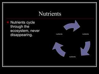 Nutrients Nutrients cycle through the ecosystem, never disappearing.  nutrients nutrients nutrients 
