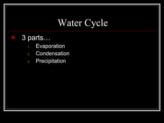 Water Cycle 3 parts… Evaporation Condensation Precipitation 
