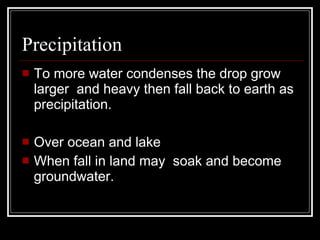Precipitation To more water condenses the drop grow larger  and heavy then fall back to earth as precipitation. Over ocean and lake  When fall in land may  soak and become groundwater. 