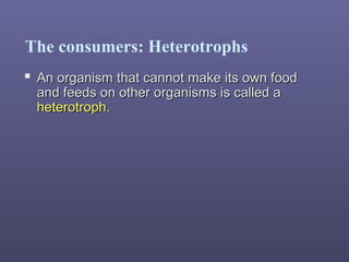 The consumers: Heterotrophs
 An organism that cannot make its own foodAn organism that cannot make its own food
and feeds on other organisms is called aand feeds on other organisms is called a
heterotroph.heterotroph.
 