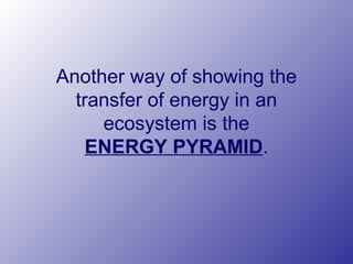 Another way of showing the
transfer of energy in an
ecosystem is the
ENERGY PYRAMID.
 