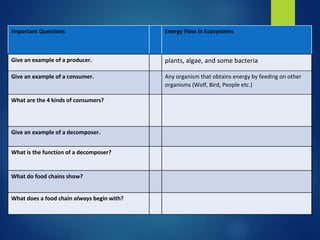 Important Questions Energy Flow In Ecosystems 
Give an example of a producer. plants, algae, and some bacteria 
Give an example of a consumer. Any organism that obtains energy by feeding on other 
organisms (Wolf, Bird, People etc.) 
What are the 4 kinds of consumers? 
Give an example of a decomposer. 
What is the function of a decomposer? 
What do food chains show? 
What does a food chain always begin with? 
 