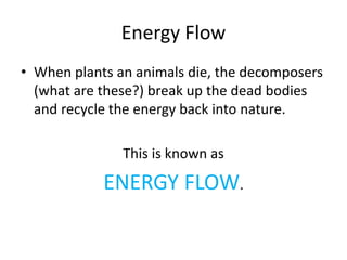 Energy Flow
• When plants an animals die, the decomposers
(what are these?) break up the dead bodies
and recycle the energy back into nature.
This is known as
ENERGY FLOW.
 