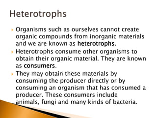    Organisms such as ourselves cannot create
    organic compounds from inorganic materials
    and we are known as heterotrophs.
   Heterotrophs consume other organisms to
    obtain their organic material. They are known
    as consumers.
   They may obtain these materials by
    consuming the producer directly or by
    consuming an organism that has consumed a
    producer. These consumers include
    animals, fungi and many kinds of bacteria.
 
