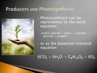    Photosynthesis can be
    represented by the word
    equation:
    carbon dioxide + water + sunlight →
      glucose + oxygen

   or as the balanced chemical
    equation:

6CO2 + 6H2O → C6H12O6 + 6O2
 
