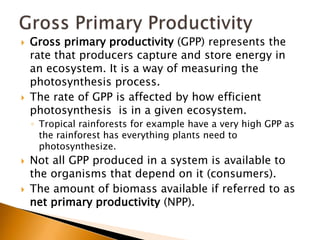    Gross primary productivity (GPP) represents the
    rate that producers capture and store energy in
    an ecosystem. It is a way of measuring the
    photosynthesis process.
   The rate of GPP is affected by how efficient
    photosynthesis is in a given ecosystem.
    ◦ Tropical rainforests for example have a very high GPP as
      the rainforest has everything plants need to
      photosynthesize.
   Not all GPP produced in a system is available to
    the organisms that depend on it (consumers).
   The amount of biomass available if referred to as
    net primary productivity (NPP).
 