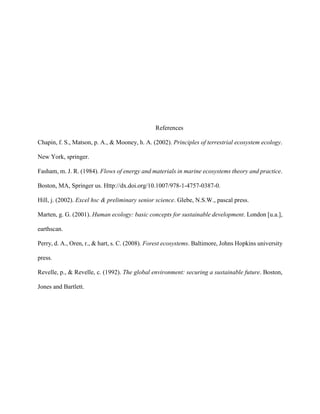 References
Chapin, f. S., Matson, p. A., & Mooney, h. A. (2002). Principles of terrestrial ecosystem ecology.
New York, springer.
Fasham, m. J. R. (1984). Flows of energy and materials in marine ecosystems theory and practice.
Boston, MA, Springer us. Http://dx.doi.org/10.1007/978-1-4757-0387-0.
Hill, j. (2002). Excel hsc & preliminary senior science. Glebe, N.S.W., pascal press.
Marten, g. G. (2001). Human ecology: basic concepts for sustainable development. London [u.a.],
earthscan.
Perry, d. A., Oren, r., & hart, s. C. (2008). Forest ecosystems. Baltimore, Johns Hopkins university
press.
Revelle, p., & Revelle, c. (1992). The global environment: securing a sustainable future. Boston,
Jones and Bartlett.
 