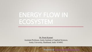 ENERGY FLOW IN
ECOSYSTEM
Dr. Preeti Kumari
Assistant Professor, Amity Institute of Applied Sciences,
Amity University, Jharkhand, India -834002.
 
