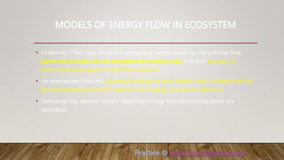 MODELS OF ENERGY FLOW IN ECOSYSTEM
• Lindeman (1942) was the first to propose a model based on the premise that
plants and animals can be arranged into trophic levels and that the laws of
thermodynamics apply to plants and animals.
• He emphasized that the quantity of energy at each trophic level is determined by
the net primary production and the food energy conversion efficiency.
• Following this, several models depicting energy transfer in ecosystems are
described.
 