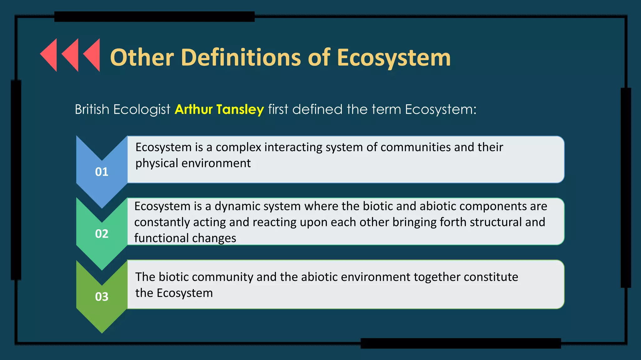 Other Definitions of Ecosystem
01
02
03
British Ecologist Arthur Tansley first defined the term Ecosystem:
Ecosystem is a complex interacting system of communities and their
physical environment
Ecosystem is a dynamic system where the biotic and abiotic components are
constantly acting and reacting upon each other bringing forth structural and
functional changes
The biotic community and the abiotic environment together constitute
the Ecosystem
 