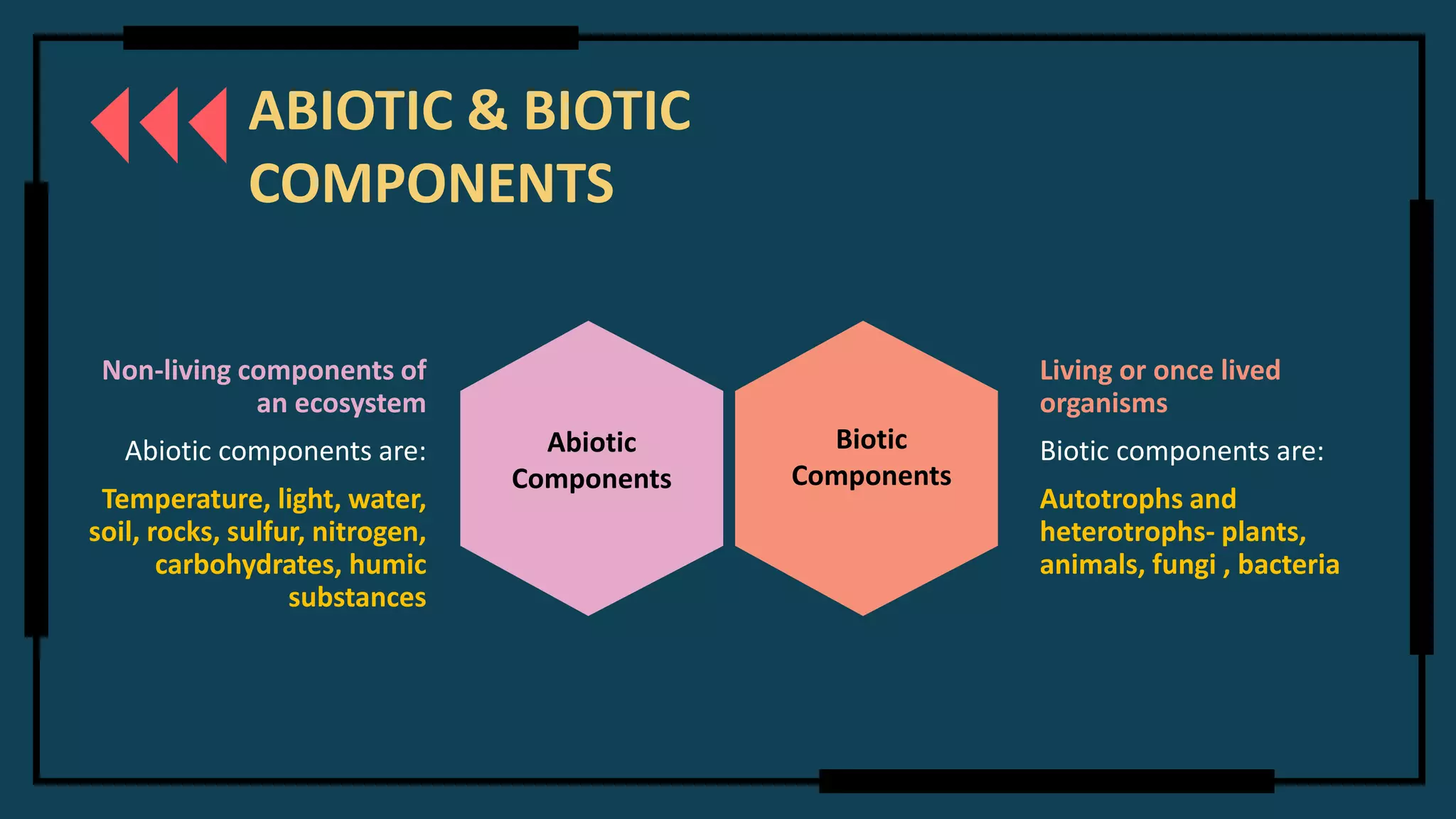 Non-living components of
an ecosystem
Abiotic components are:
Temperature, light, water,
soil, rocks, sulfur, nitrogen,
carbohydrates, humic
substances
Living or once lived
organisms
Biotic components are:
Autotrophs and
heterotrophs- plants,
animals, fungi , bacteria
Abiotic
Components
Biotic
Components
ABIOTIC & BIOTIC
COMPONENTS
 