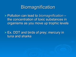 Biomagnification Pollution can lead to  biomagnification  – the concentration of toxic substances in organisms as you move up trophic levels Ex. DDT and birds of prey; mercury in tuna and sharks 
